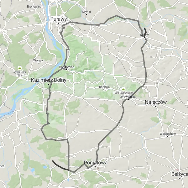 Map miniature of "Kurów - Wąwolnica - Poniatowa - Kazimierzów - Wzgórze Trzech Krzyży - Kamienica tzw. Celejowska - Brzozowa Gać" cycling inspiration in Lubelskie, Poland. Generated by Tarmacs.app cycling route planner