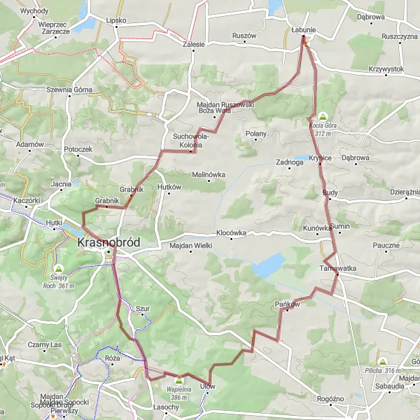 Miniatura mapy "Wycieczka z Łabunie do Wapielni" - trasy rowerowej w Lubelskie, Poland. Wygenerowane przez planer tras rowerowych Tarmacs.app