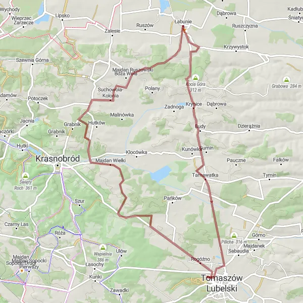 Miniatura mapy "Trasa przez Wólka Łabuńska i Tarnawatkę" - trasy rowerowej w Lubelskie, Poland. Wygenerowane przez planer tras rowerowych Tarmacs.app