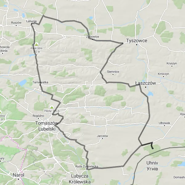 Miniatura mapy "Długa wycieczka z Kocia Góra do Zimno" - trasy rowerowej w Lubelskie, Poland. Wygenerowane przez planer tras rowerowych Tarmacs.app