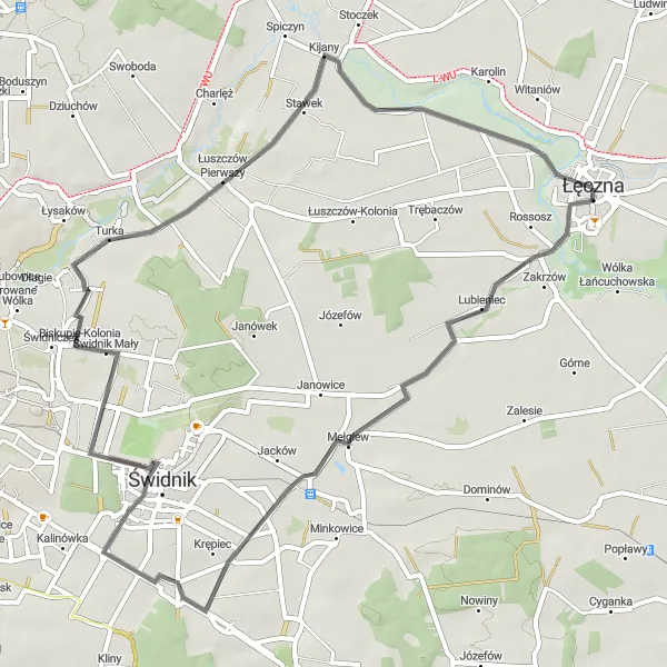 Miniatura mapy "Przejażdżka przez Mełgiew i Kijany" - trasy rowerowej w Lubelskie, Poland. Wygenerowane przez planer tras rowerowych Tarmacs.app