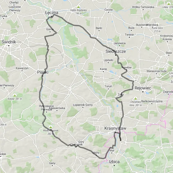 Map miniature of "Challenging Łęczna Grand Tour" cycling inspiration in Lubelskie, Poland. Generated by Tarmacs.app cycling route planner