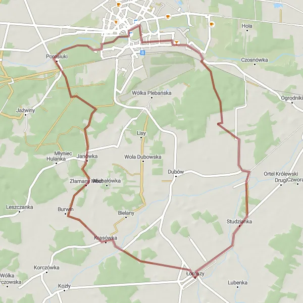 Map miniature of "Łomazy - Łomazy Gravel Route" cycling inspiration in Lubelskie, Poland. Generated by Tarmacs.app cycling route planner