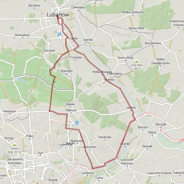 Map miniature of "The Rokitno Circuit" cycling inspiration in Lubelskie, Poland. Generated by Tarmacs.app cycling route planner