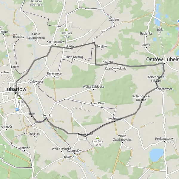 Map miniature of "The Tarło Loop" cycling inspiration in Lubelskie, Poland. Generated by Tarmacs.app cycling route planner