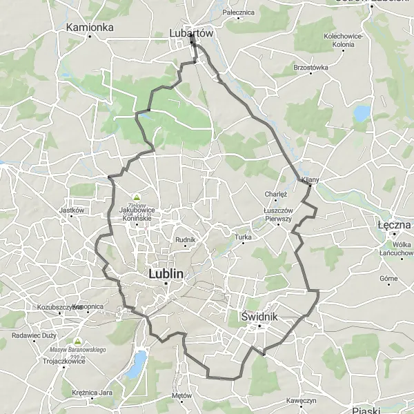 Map miniature of "Lubartów to Nasutów Adventure" cycling inspiration in Lubelskie, Poland. Generated by Tarmacs.app cycling route planner