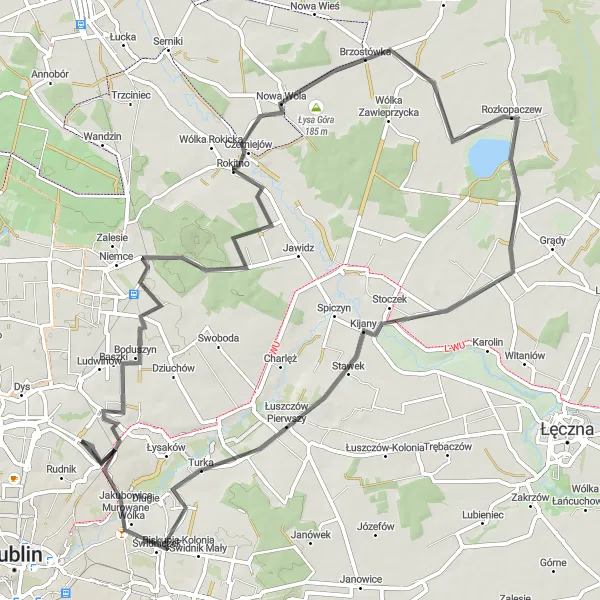 Map miniature of "Road Route - Lublin to Łysa Góra" cycling inspiration in Lubelskie, Poland. Generated by Tarmacs.app cycling route planner