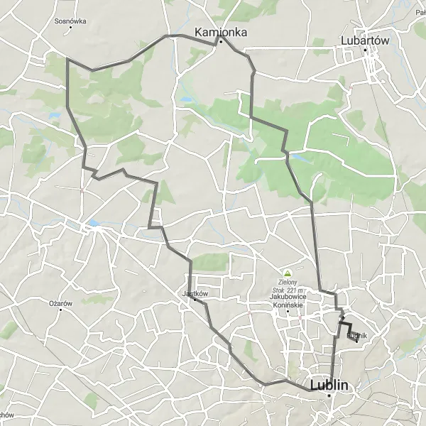 Map miniature of "Road Route - Lublin to Kamionka" cycling inspiration in Lubelskie, Poland. Generated by Tarmacs.app cycling route planner