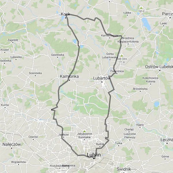 Miniatura mapy "Dystansowa Trasa Szosowa do Serniki" - trasy rowerowej w Lubelskie, Poland. Wygenerowane przez planer tras rowerowych Tarmacs.app