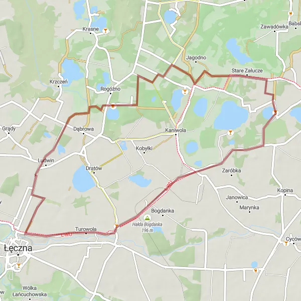 Map miniature of "Rogóźno and Hałda Bogdanka Gravel Route" cycling inspiration in Lubelskie, Poland. Generated by Tarmacs.app cycling route planner