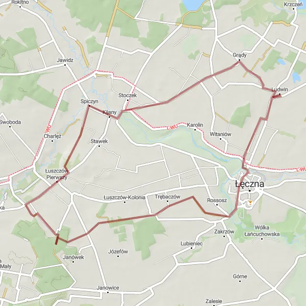 Map miniature of "Ciechanki Łęczyńskie and Zezulin Pierwszy Gravel Route" cycling inspiration in Lubelskie, Poland. Generated by Tarmacs.app cycling route planner