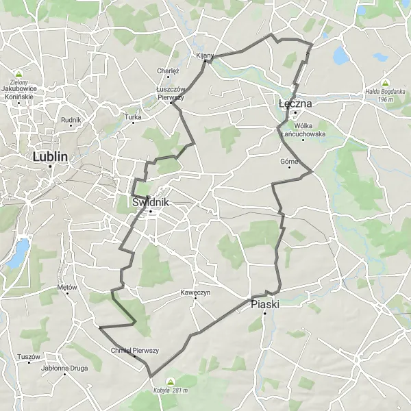 Map miniature of "Legends of Świdnik" cycling inspiration in Lubelskie, Poland. Generated by Tarmacs.app cycling route planner