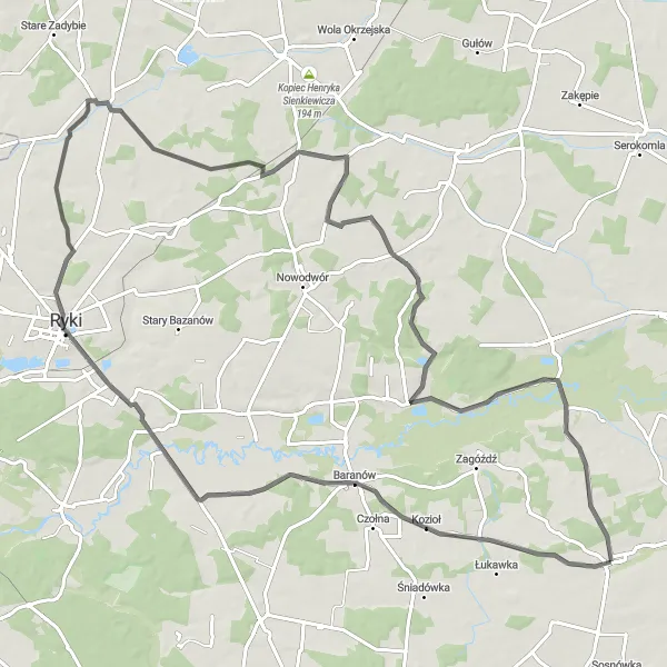 Miniatura mapy "Trasa przez Jeziorzany" - trasy rowerowej w Lubelskie, Poland. Wygenerowane przez planer tras rowerowych Tarmacs.app
