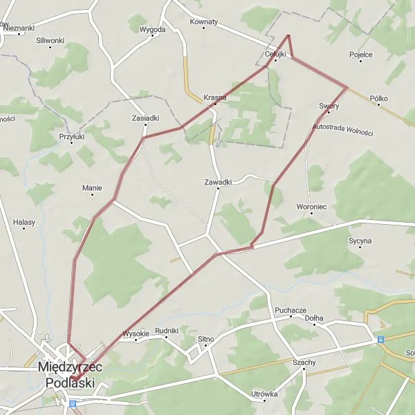 Miniatura mapy "Trasa gravelowa przez Międzyrzec Podlaski" - trasy rowerowej w Lubelskie, Poland. Wygenerowane przez planer tras rowerowych Tarmacs.app