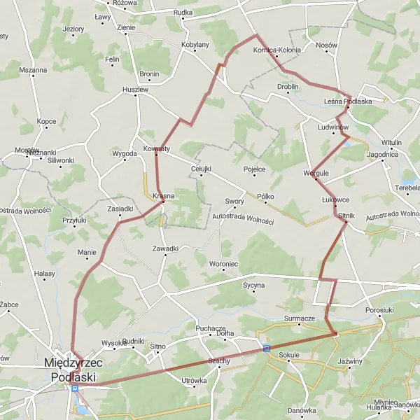 Miniatura mapy "Szlak do Leśnej Podlaskiej i Szach" - trasy rowerowej w Lubelskie, Poland. Wygenerowane przez planer tras rowerowych Tarmacs.app