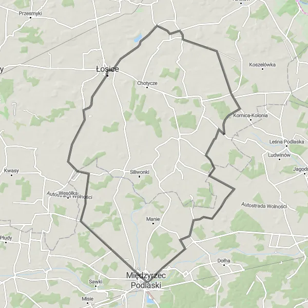 Miniatura mapy "Trasa do Krzewicy i Sworów" - trasy rowerowej w Lubelskie, Poland. Wygenerowane przez planer tras rowerowych Tarmacs.app