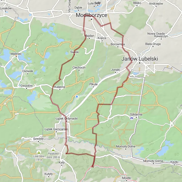 Map miniature of "The Gravel Escape" cycling inspiration in Lubelskie, Poland. Generated by Tarmacs.app cycling route planner