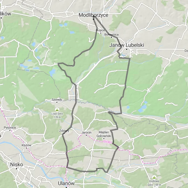 Map miniature of "Modliborzyce to Modliborzyce" cycling inspiration in Lubelskie, Poland. Generated by Tarmacs.app cycling route planner