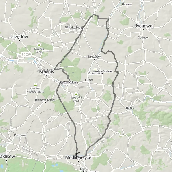 Map miniature of "Modliborzyce to Modliborzyce" cycling inspiration in Lubelskie, Poland. Generated by Tarmacs.app cycling route planner