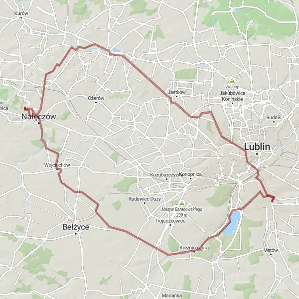 Map miniature of "Nałęczów - Jastków - Sławin - Dziesiąta - Strzeszkowice Duże - Nałęczów" cycling inspiration in Lubelskie, Poland. Generated by Tarmacs.app cycling route planner