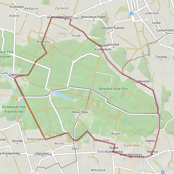 Miniatura mapy "Trasa przez Dąbrówkę i Nowodwór" - trasy rowerowej w Lubelskie, Poland. Wygenerowane przez planer tras rowerowych Tarmacs.app