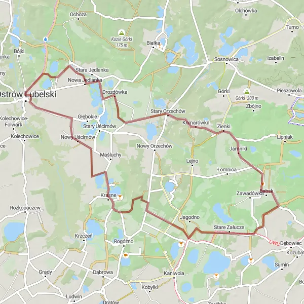 Map miniature of "Ostrów Lubelski Gravel Adventure" cycling inspiration in Lubelskie, Poland. Generated by Tarmacs.app cycling route planner