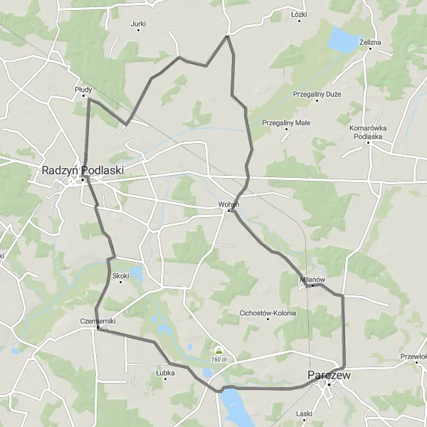 Map miniature of "Road Cycling Trail featuring Radzyń Podlaski and Kostry" cycling inspiration in Lubelskie, Poland. Generated by Tarmacs.app cycling route planner
