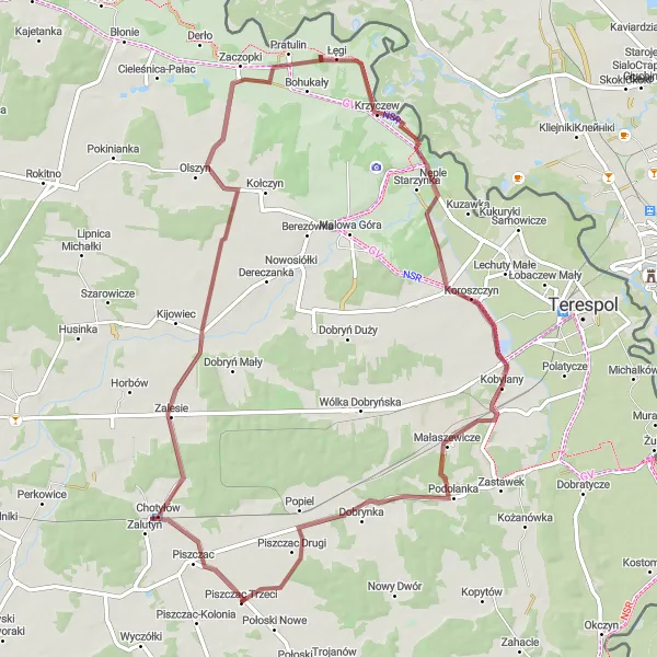 Map miniature of "The Piszczac Gravel Loop" cycling inspiration in Lubelskie, Poland. Generated by Tarmacs.app cycling route planner