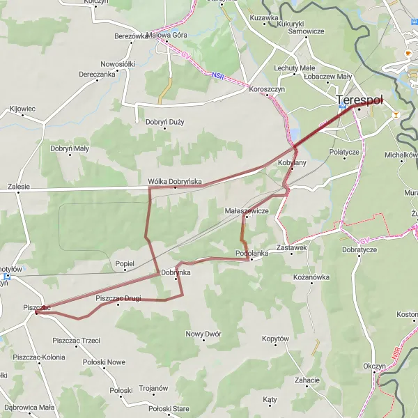 Map miniature of "Gravel Through Wólka Dobryńska" cycling inspiration in Lubelskie, Poland. Generated by Tarmacs.app cycling route planner