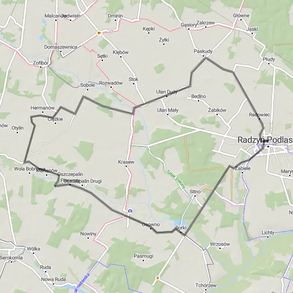 Miniatura mapy "Przez Radzyń Podlaski, Wola Osowińska i Ulan-Majorat" - trasy rowerowej w Lubelskie, Poland. Wygenerowane przez planer tras rowerowych Tarmacs.app