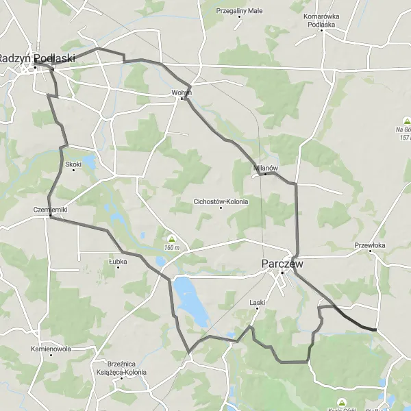 Map miniature of "Bezwola and Kostry Loop" cycling inspiration in Lubelskie, Poland. Generated by Tarmacs.app cycling route planner