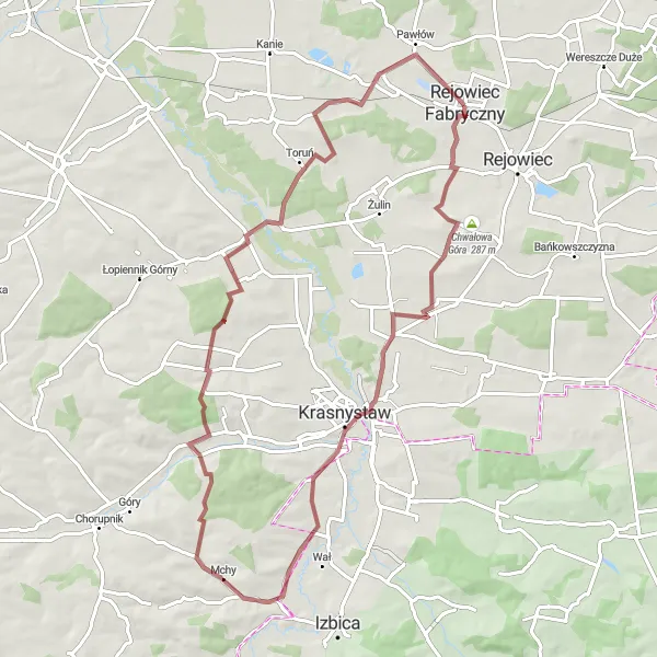 Miniatura mapy "Trasa rowerowa Ostra Góra - Krynica - Łopiennik Podleśny" - trasy rowerowej w Lubelskie, Poland. Wygenerowane przez planer tras rowerowych Tarmacs.app