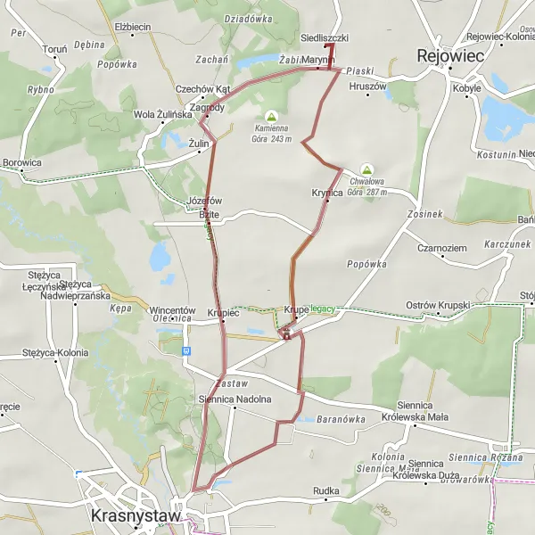 Map miniature of "The Gravel Adventure through Ostra Góra and Krynica" cycling inspiration in Lubelskie, Poland. Generated by Tarmacs.app cycling route planner