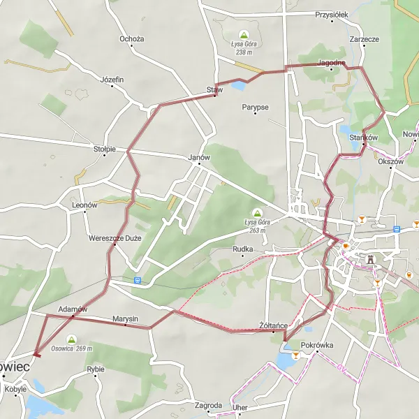 Map miniature of "Górzyste Przez Wereszcze Duże" cycling inspiration in Lubelskie, Poland. Generated by Tarmacs.app cycling route planner