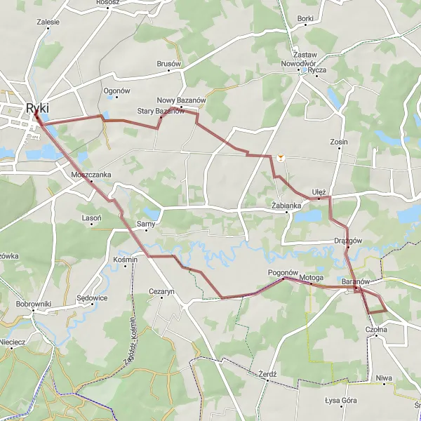 Map miniature of "Stary Bazanów to Ryki Loop" cycling inspiration in Lubelskie, Poland. Generated by Tarmacs.app cycling route planner