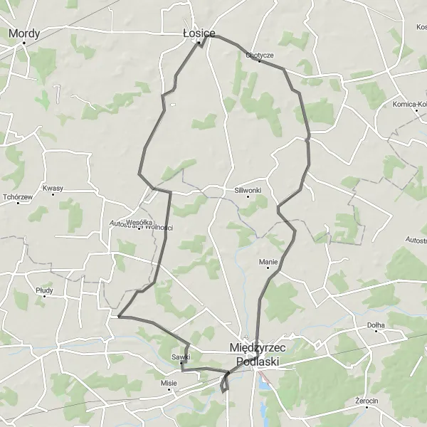 Map miniature of "Jelnica-Żerocin Road Loop" cycling inspiration in Lubelskie, Poland. Generated by Tarmacs.app cycling route planner