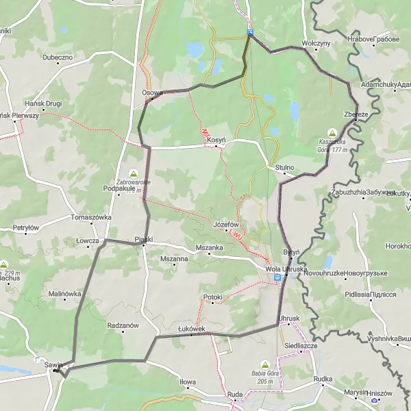 Miniatura mapy "Trasa wokół Sawina i Kaszczuka Góra" - trasy rowerowej w Lubelskie, Poland. Wygenerowane przez planer tras rowerowych Tarmacs.app