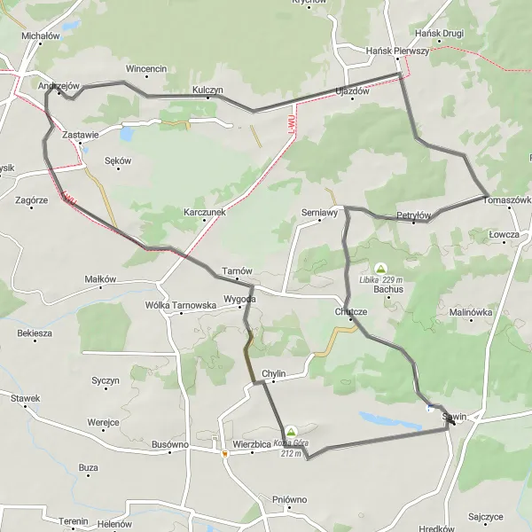 Miniatura mapy "Wycieczka przez Kozią Górę do Sawina" - trasy rowerowej w Lubelskie, Poland. Wygenerowane przez planer tras rowerowych Tarmacs.app