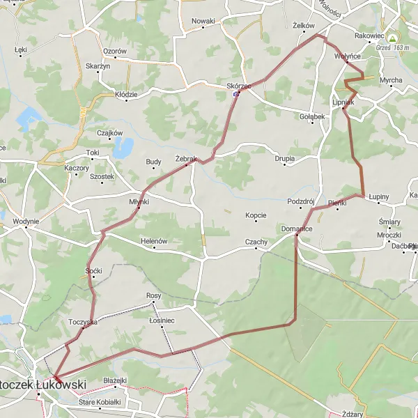 Map miniature of "Gravel Adventure through Skórzec, Wołyńce, and Domanice" cycling inspiration in Lubelskie, Poland. Generated by Tarmacs.app cycling route planner