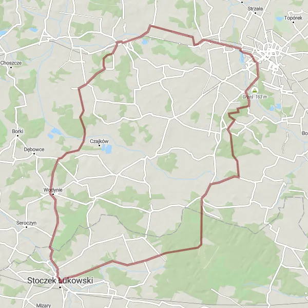 Map miniature of "Gravel Adventure to Żeliszew Podkościelny, Gręzów, and Domanice" cycling inspiration in Lubelskie, Poland. Generated by Tarmacs.app cycling route planner