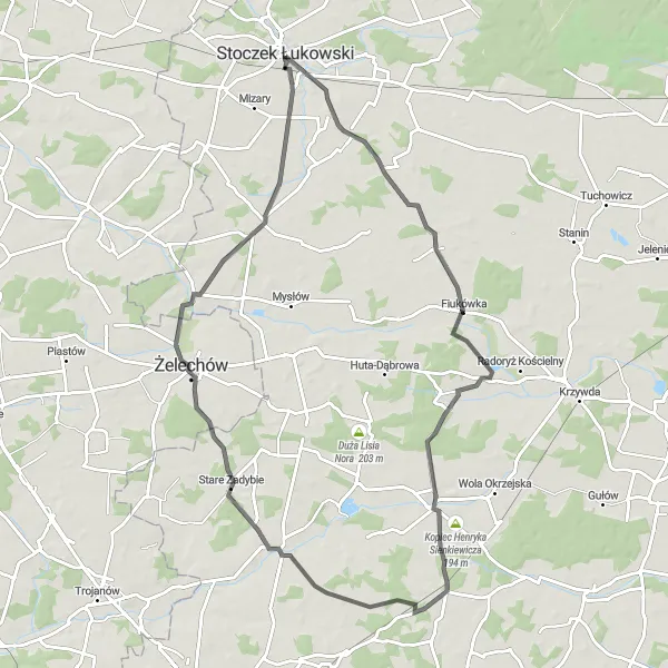 Map miniature of "Road Cycling Challenge: Radoryż Smolany to Kłoczew" cycling inspiration in Lubelskie, Poland. Generated by Tarmacs.app cycling route planner