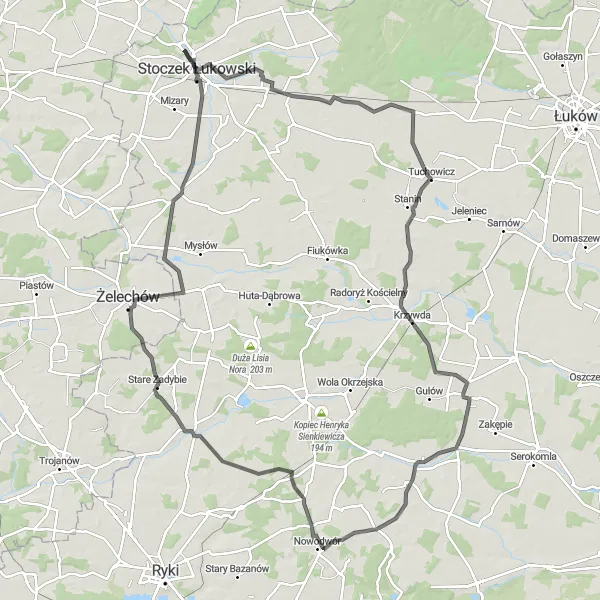 Map miniature of "Scenic Road Loop through Jedlanka, Kożuchówka, and Ciechomin" cycling inspiration in Lubelskie, Poland. Generated by Tarmacs.app cycling route planner