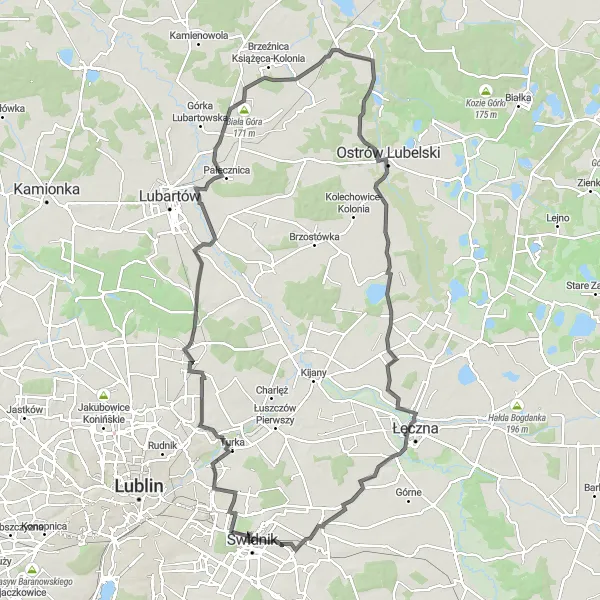 Map miniature of "Roads Around the City" cycling inspiration in Lubelskie, Poland. Generated by Tarmacs.app cycling route planner