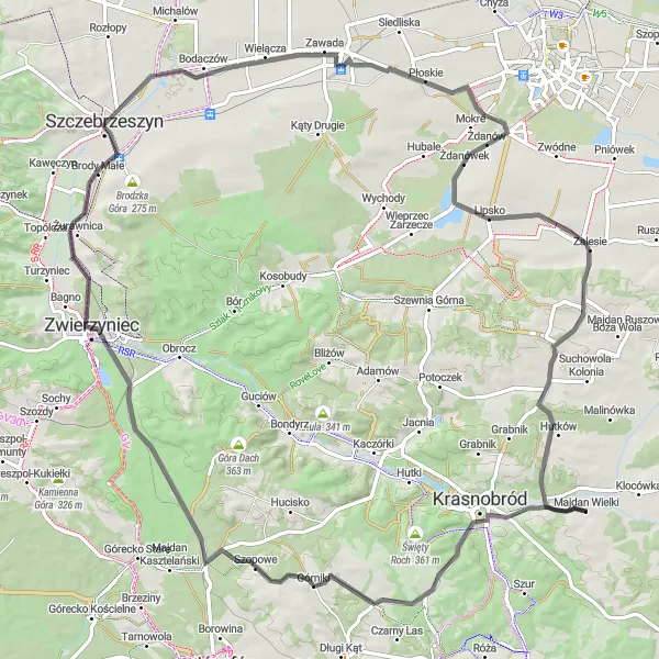 Map miniature of "Zwierzyniec Loop" cycling inspiration in Lubelskie, Poland. Generated by Tarmacs.app cycling route planner