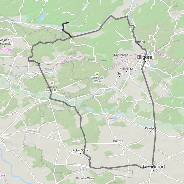 Map miniature of "Road to Płusy" cycling inspiration in Lubelskie, Poland. Generated by Tarmacs.app cycling route planner