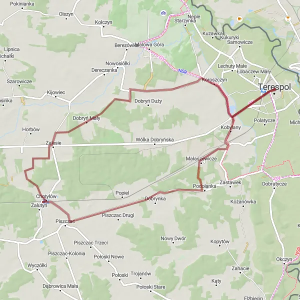 Map miniature of "Gravel Ride through Kłoda Mała and Koroszczyn" cycling inspiration in Lubelskie, Poland. Generated by Tarmacs.app cycling route planner