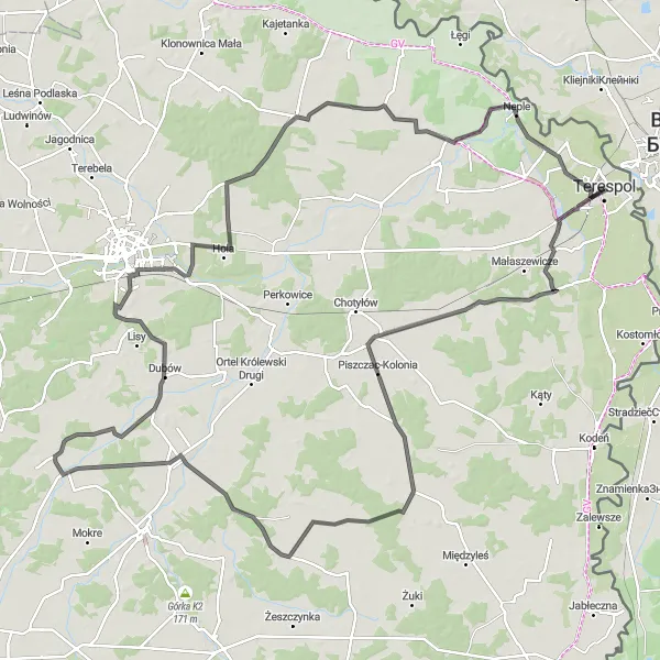 Miniatura mapy "Trasa przez Dąbrowicę Dużą i Dubów" - trasy rowerowej w Lubelskie, Poland. Wygenerowane przez planer tras rowerowych Tarmacs.app