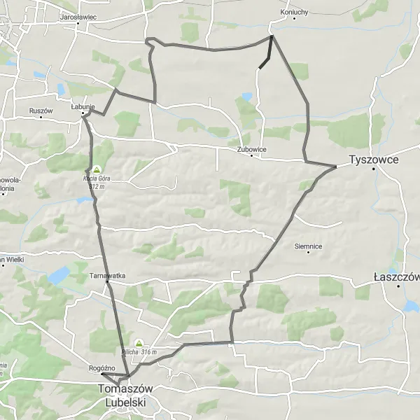 Map miniature of "Road Cycling Route from Tomaszów Lubelski to Kamienna" cycling inspiration in Lubelskie, Poland. Generated by Tarmacs.app cycling route planner