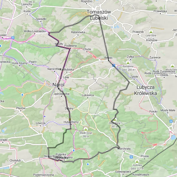 Map miniature of "Road Cycling Route from Tomaszów Lubelski to Narol" cycling inspiration in Lubelskie, Poland. Generated by Tarmacs.app cycling route planner