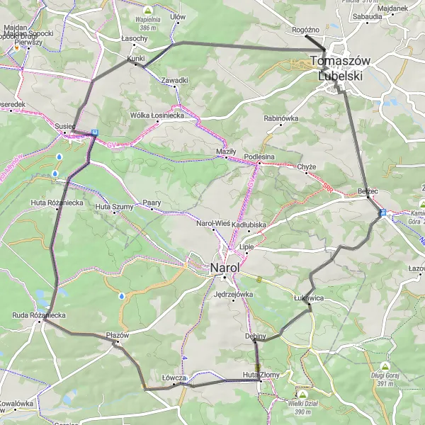 Map miniature of "Road of Scenic Wonders" cycling inspiration in Lubelskie, Poland. Generated by Tarmacs.app cycling route planner